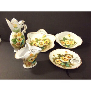 Vintage UCAGCO Ceramic Hand Painted 5 Pc Lot Japan Yellow Rose Vases Plates +